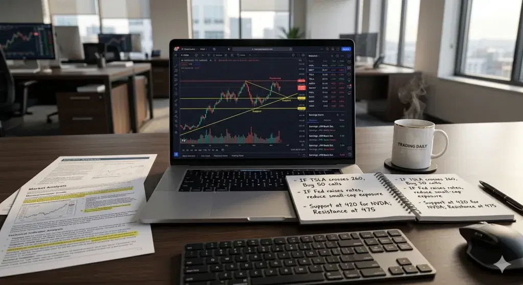 Laptop showing a candlestick chart beside a notebook of handwritten if-then trade triggers