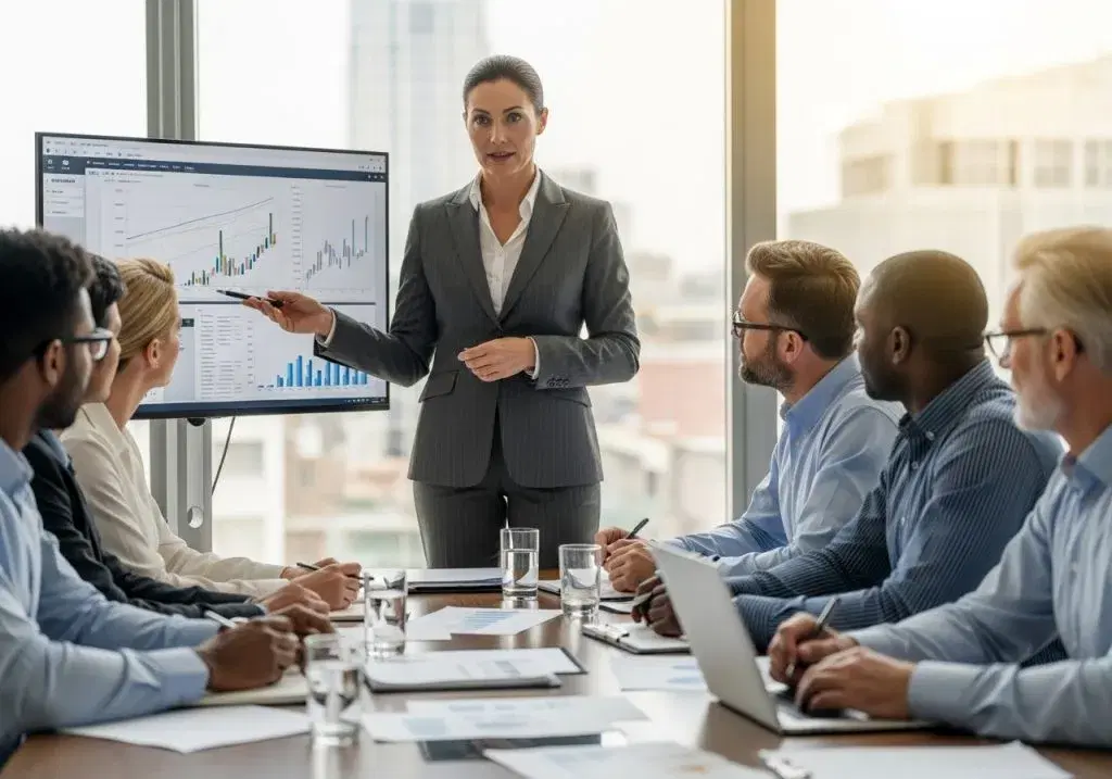Businesswoman presenting stock market charts on a screen to colleagues in a boardroom