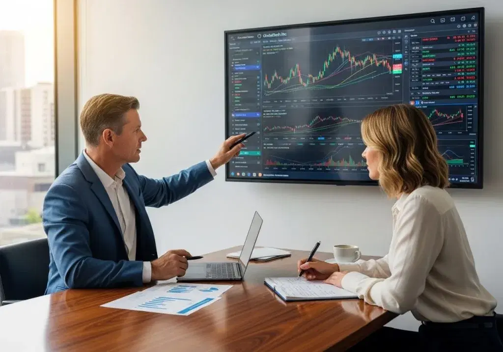 Two professionals review a stock trading dashboard on a wall-mounted monitor