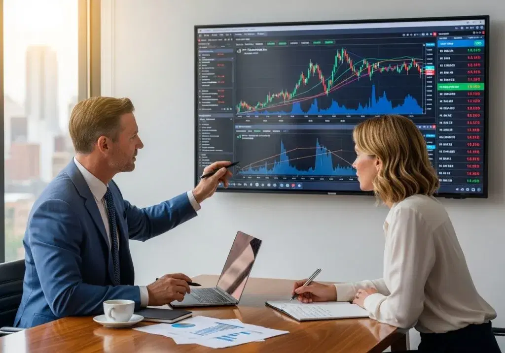 Advisor pointing at a wall-mounted candlestick chart while a client takes notes