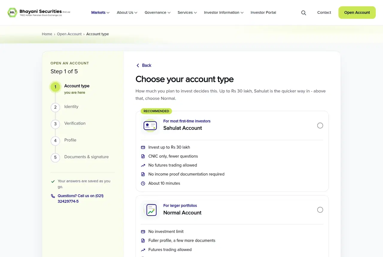 BSL account type screen offering Sahulat and Normal account options