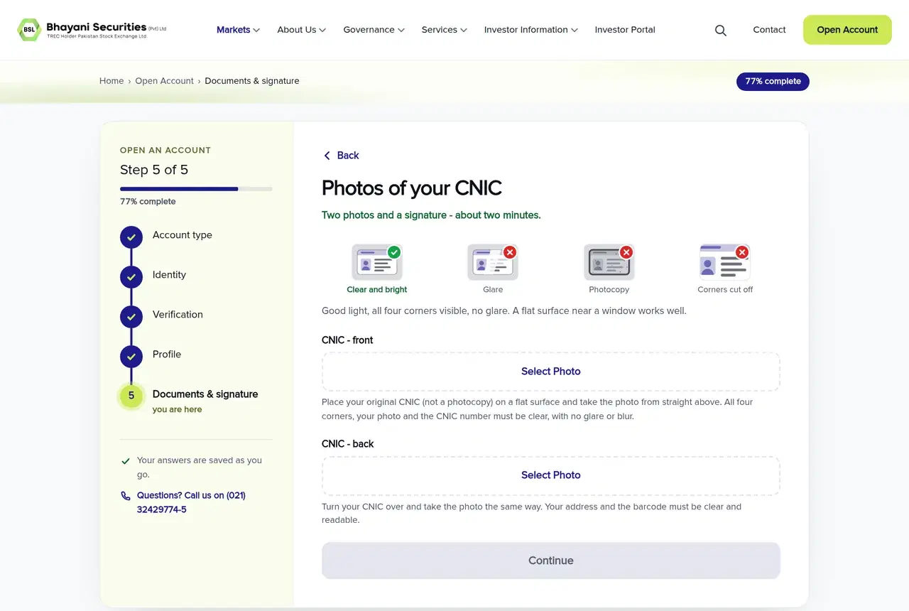 BSL document upload screen with guidance for clear CNIC front and back photographs