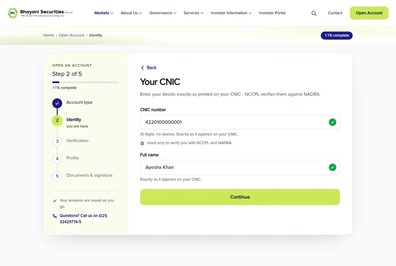BSL account opening CNIC screen asking for the 13-digit CNIC number and full name