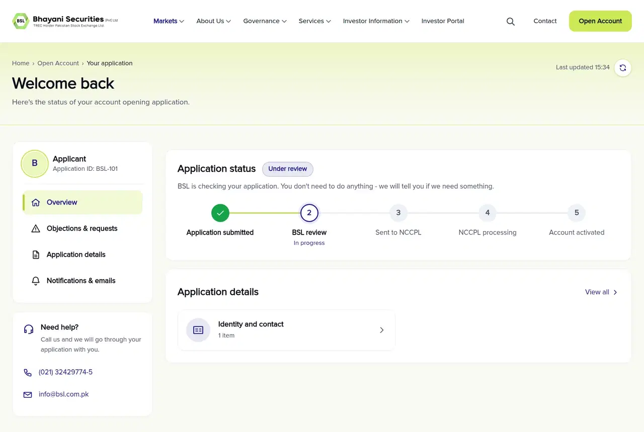 BSL applicant dashboard showing application status and objections or requests