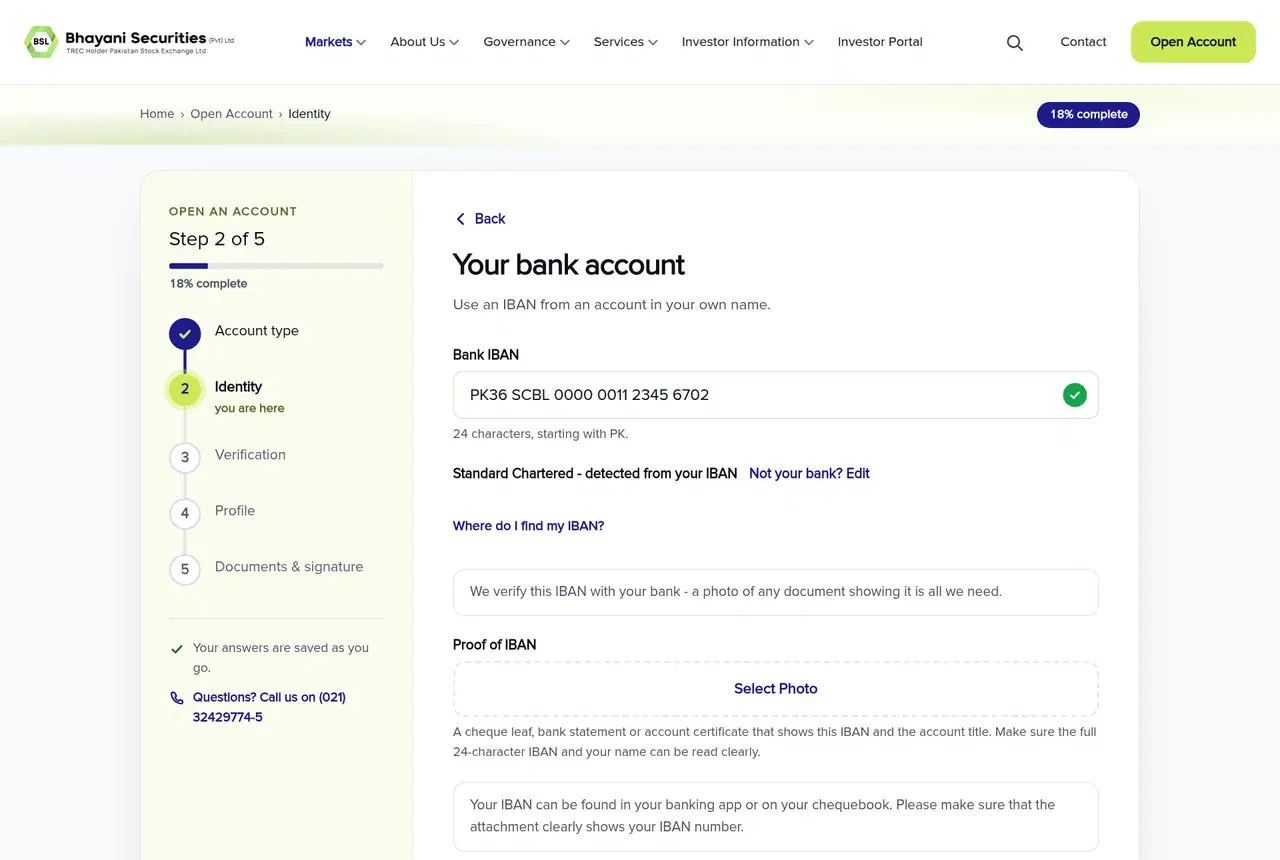 BSL bank account screen asking for a 24-character IBAN and proof of IBAN