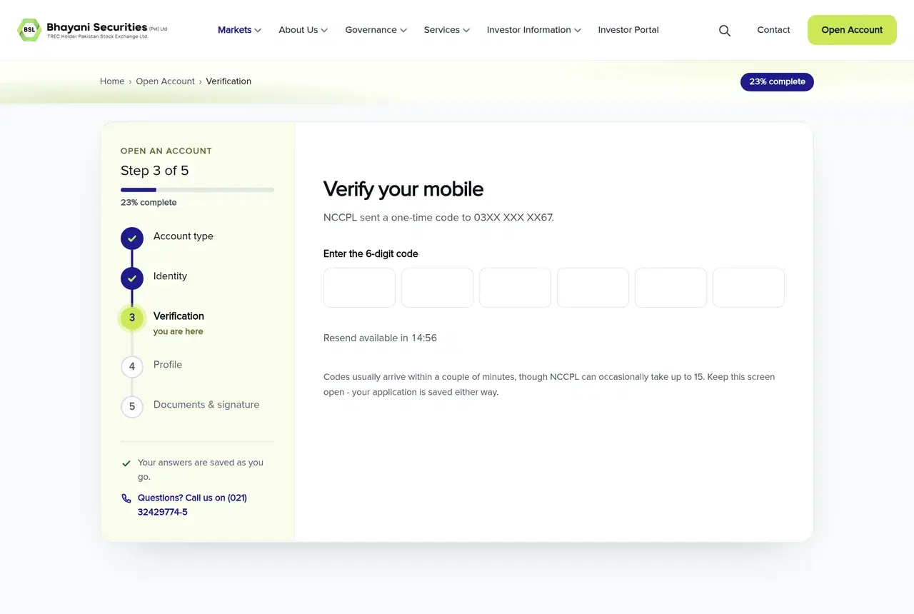 BSL mobile verification screen with six boxes for the NCCPL code