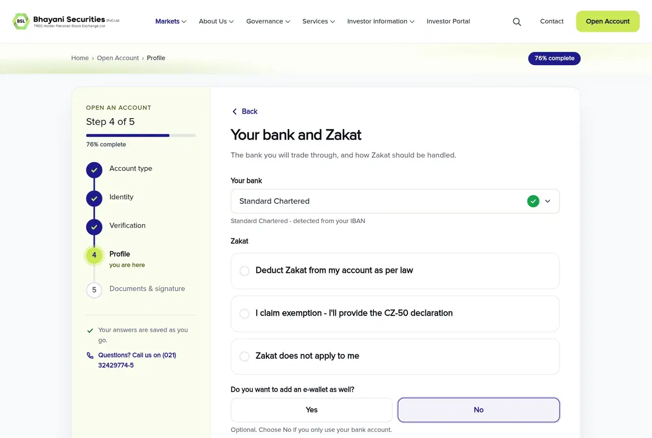 BSL account opening profile screen titled Your bank and Zakat, with the bank detected from the IBAN and the three Zakat choices