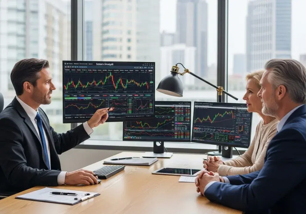 Advisor pointing at stock charts on a monitor while meeting two clients