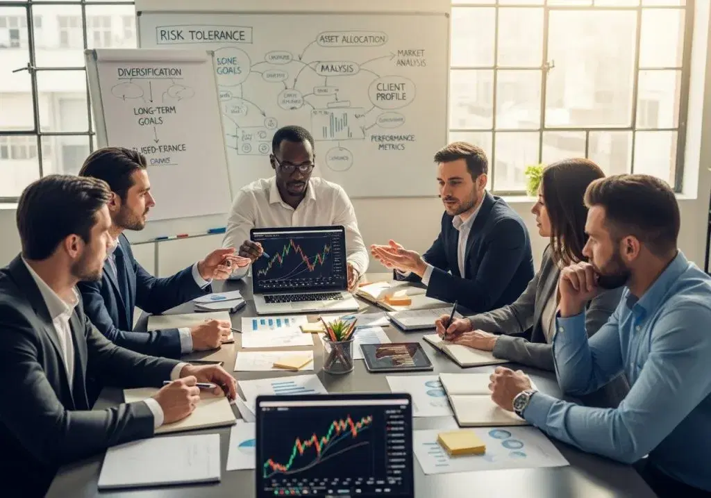 Investment team in a meeting reviewing a candlestick chart on a laptop