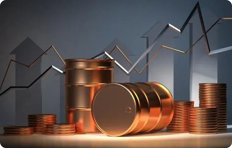 Copper barrels and coin stacks in front of rising market arrows