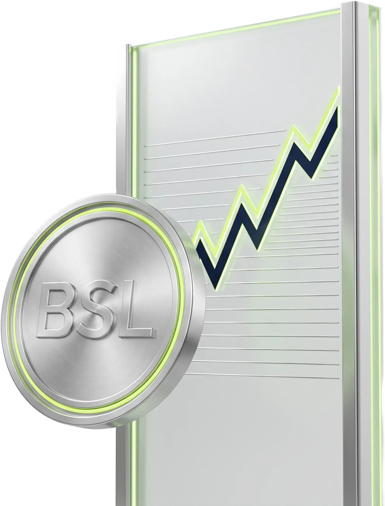 Floating silver BSL medallion in front of a frosted glass portfolio panel