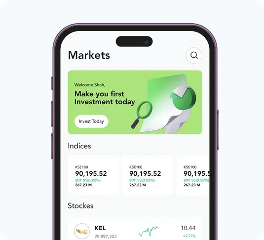 KITS mobile app showing markets, indices, and stocks