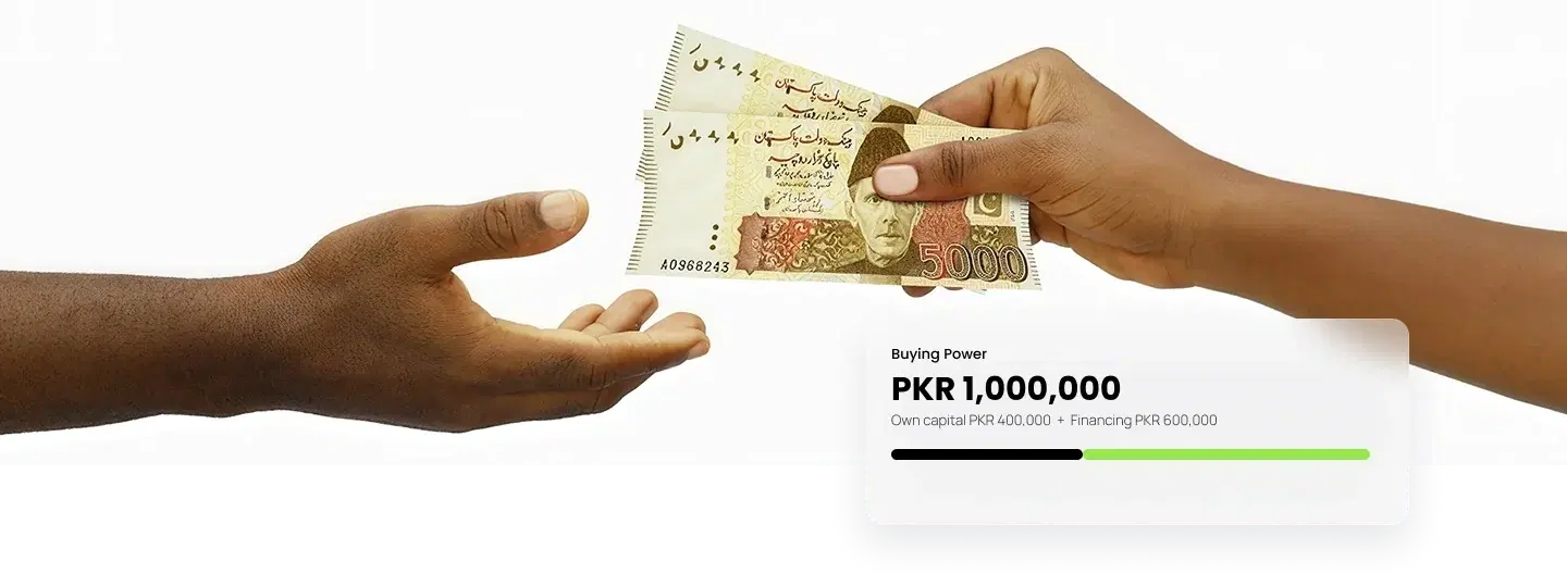 Hands exchanging PKR 5,000 notes — BSL margin financing extends your buying power