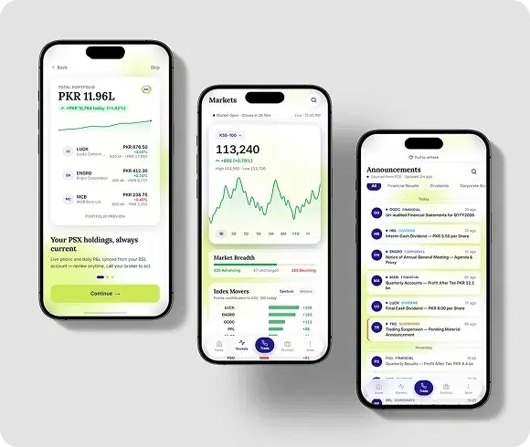 BSL app screens — portfolio, markets, and announcements
